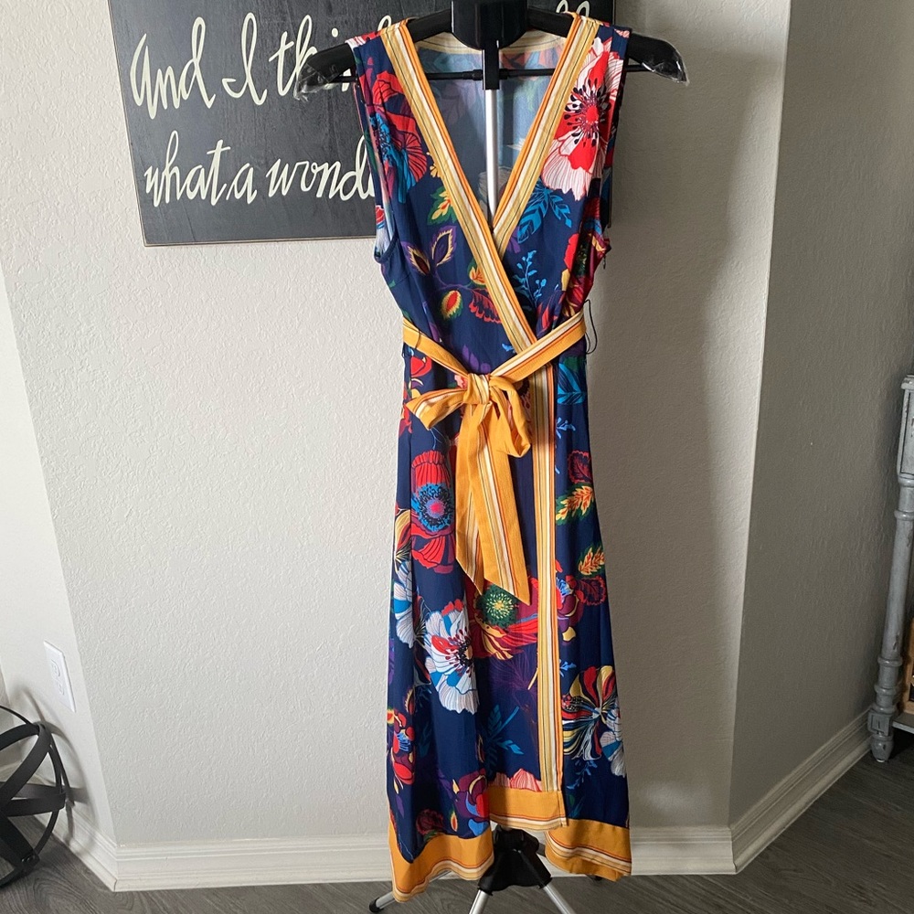 Umgee Navy Floral Wrap Maxi Dress with Yellow Trim